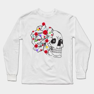 skeleton face drawing with a cross in the background in the eye, linear flower and flowers with small colorful triangles Long Sleeve T-Shirt